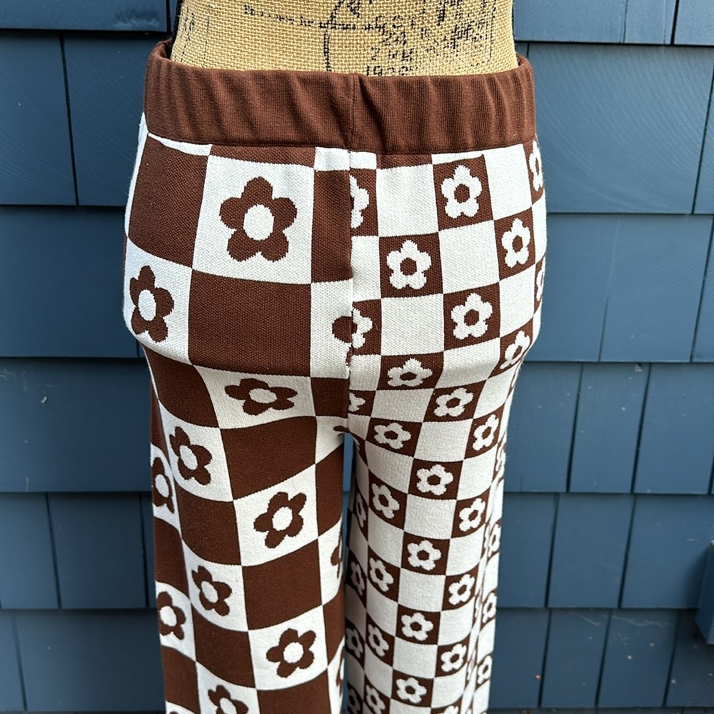VGUC Brown/White Two-Toned Floral & Checkered Wide Leg Stretch Pants Women’s Lg - Picture 7 of 10